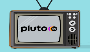 Old-style television showing a PlutoTV logo